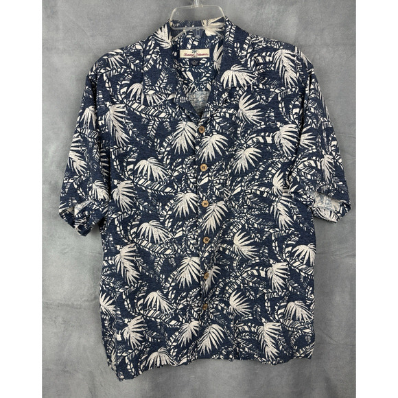 Tommy Bahama Silk Hawaiian Shirt Button Down Mens M Tropical Palm Blue - Picture 1 of 10